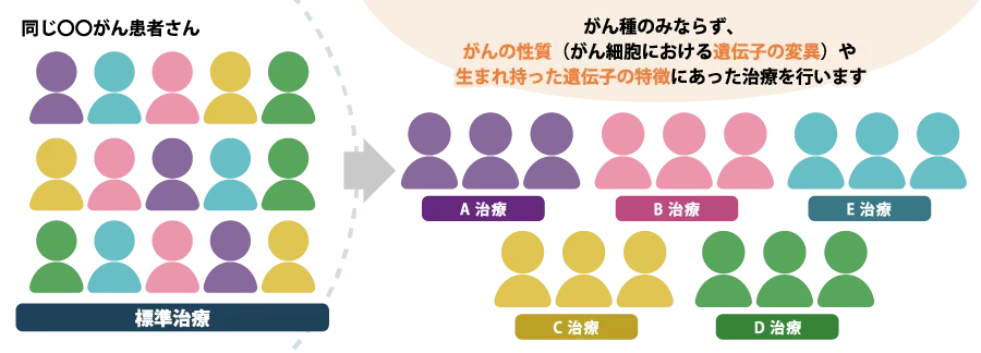 がん種のみならず、がんの性質（がん細胞における遺伝子の変異）や生まれ持った体質にあった治療を行います